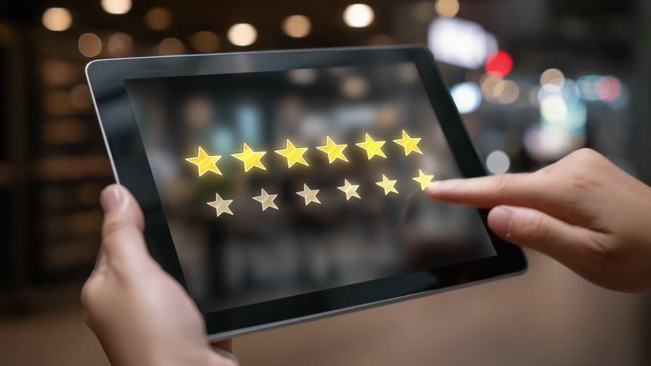 User Interaction with Digital Review System Displaying Five-Star Ratings on a Tablet, Showcasing the Importance of Feedback and Customer Satisfaction in Modern Technology