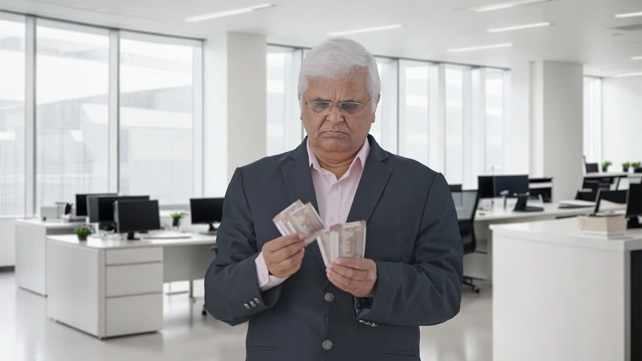 Gerente sênior indiano tenso contando dinheiro
