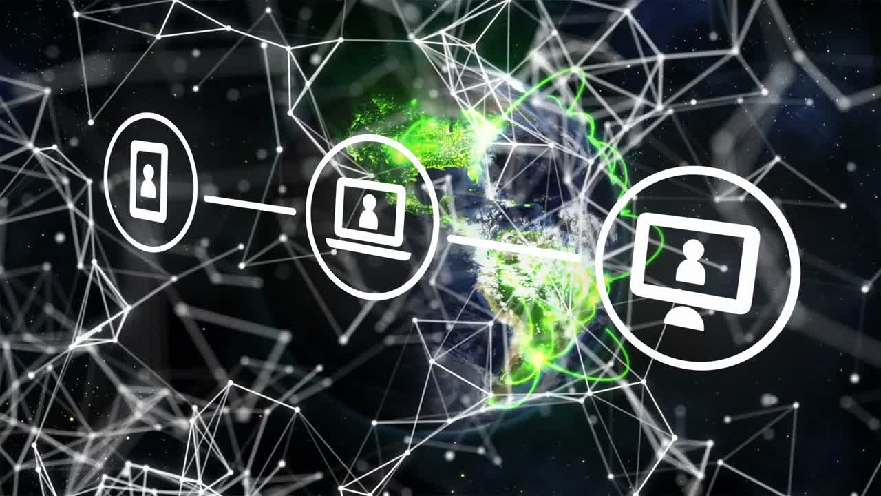 Stylized Earth and three device icons appearing in orbit, tech activation showing global network