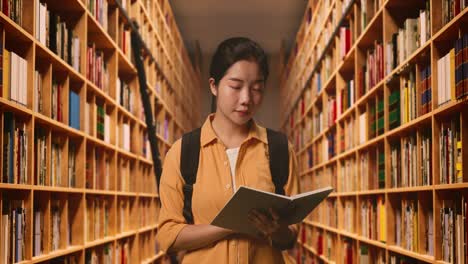 estudiante asiática con una mochila leyendo un libro y luego sonriendo a la cámara mientras está de pie en la biblioteca