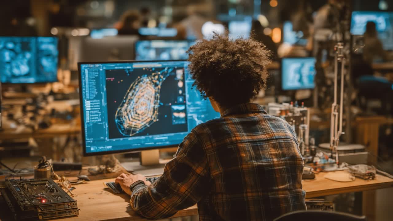 Focused Individual Analyzing Complex Data on Computer in Innovative Workspace Amidst Advanced Technology and Colleagues Working in the Background