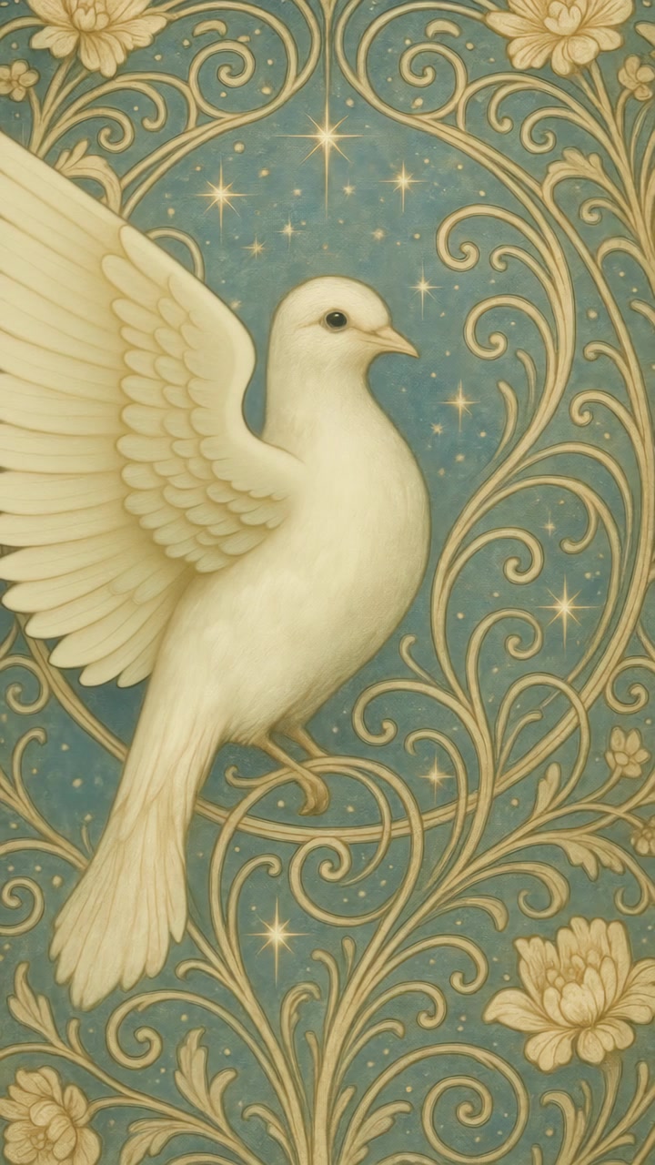 Illustrazione Art Nouveau di una colomba bianca con stelle scintillanti