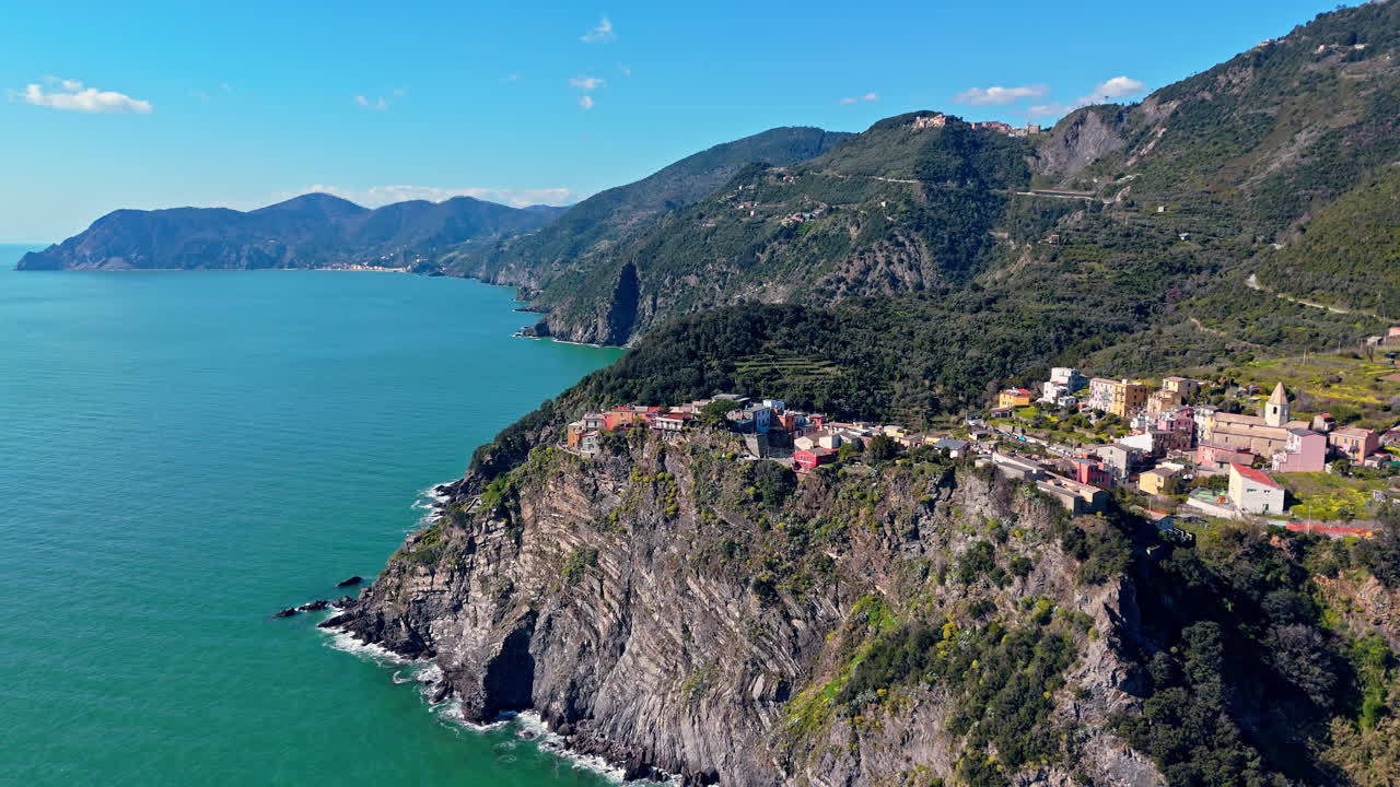 Stunning aerial view of Corniglia in Cinque Terre, Italy, overlooking the turquoise sea
