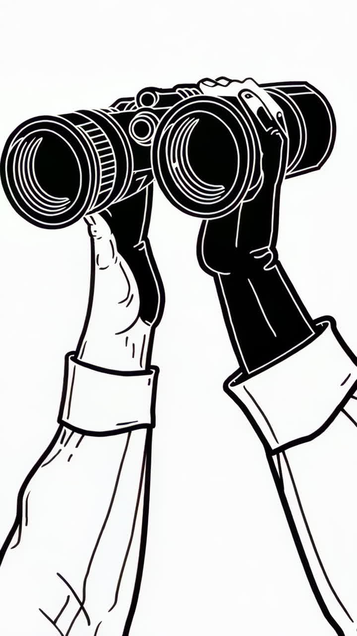 Hands holding binoculars in black and white line art