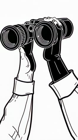 hands holding binoculars in black and white line art