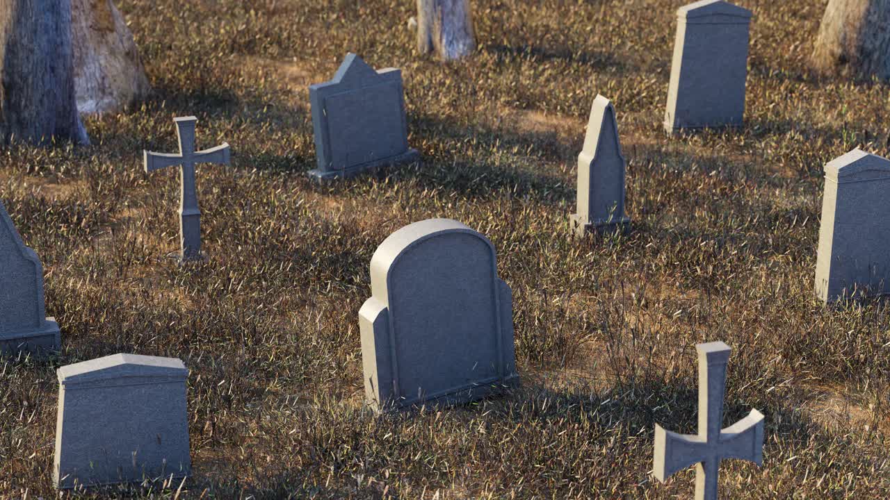 Crosses and tombstones on grassy meadow in cemetery. 3d animation