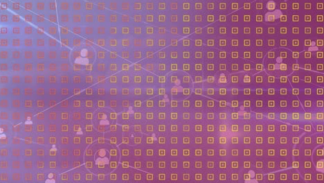 Animation-Von-Formen-über-Ein-Netzwerk-Von-Verbindungen-Mit-Symbolen-Auf-Violettem-Hintergrund