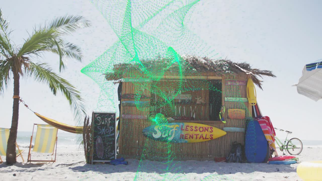 Una rete digitale verde emerge dal basso, trasformandosi in nastri contorti che si estendono su una capanna da surf, mostrando onde.