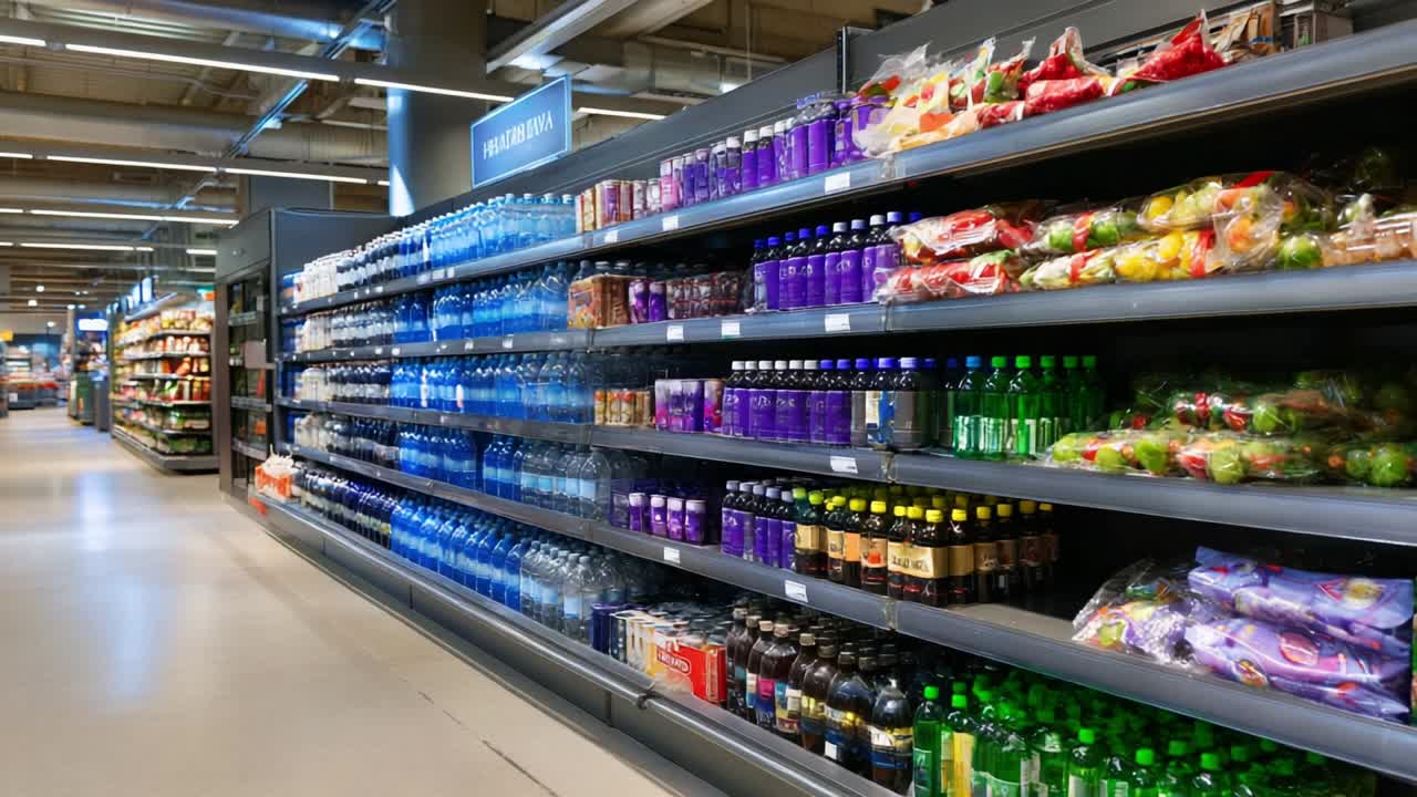 Brightly Lit Aisle with Colorful Beverage Shelves and Fresh Produce, Showcasing a Modern Supermarket Environment Filled with Various Bottled Drinks and Packaged Goods in Neatly Organized Sections