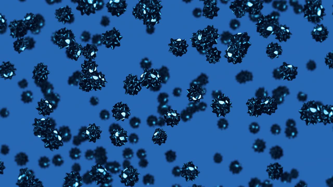파란색 배경의 만화 캐릭터에서 많은 바이러스를 날아다니는. 의학 개념. 화를 내는 재미있는 검은 바이러스 마스코트. 3d 루프 애니메이션.