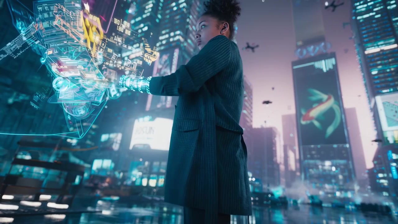 未来都市でホログラフィックインターフェースを操作する若い女性