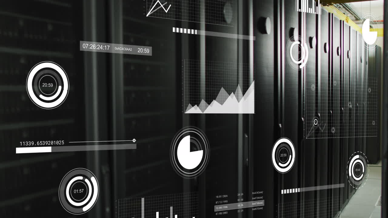 animación de la interfaz con el procesamiento de datos estadísticos contra la sala de servidores informáticos