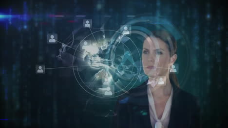 interacting with animation, businesswoman using digital network interface and data visualization