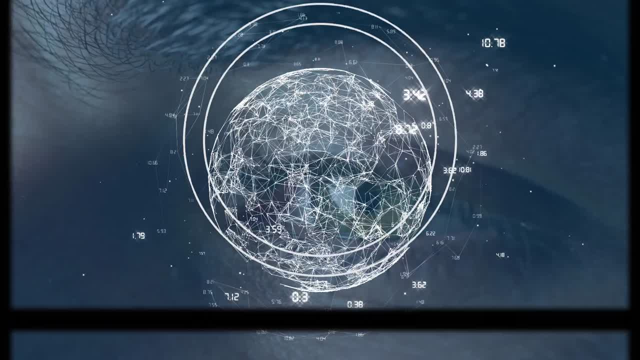 animación de redes de conexiones y globo sobre el ojo del hombre caucásico