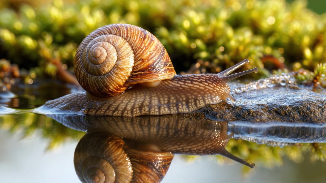 A Close-Up Exploration of a Snail Gliding Over Mossy Terrain Surrounded by Its Reflection in a Serene Water Pool