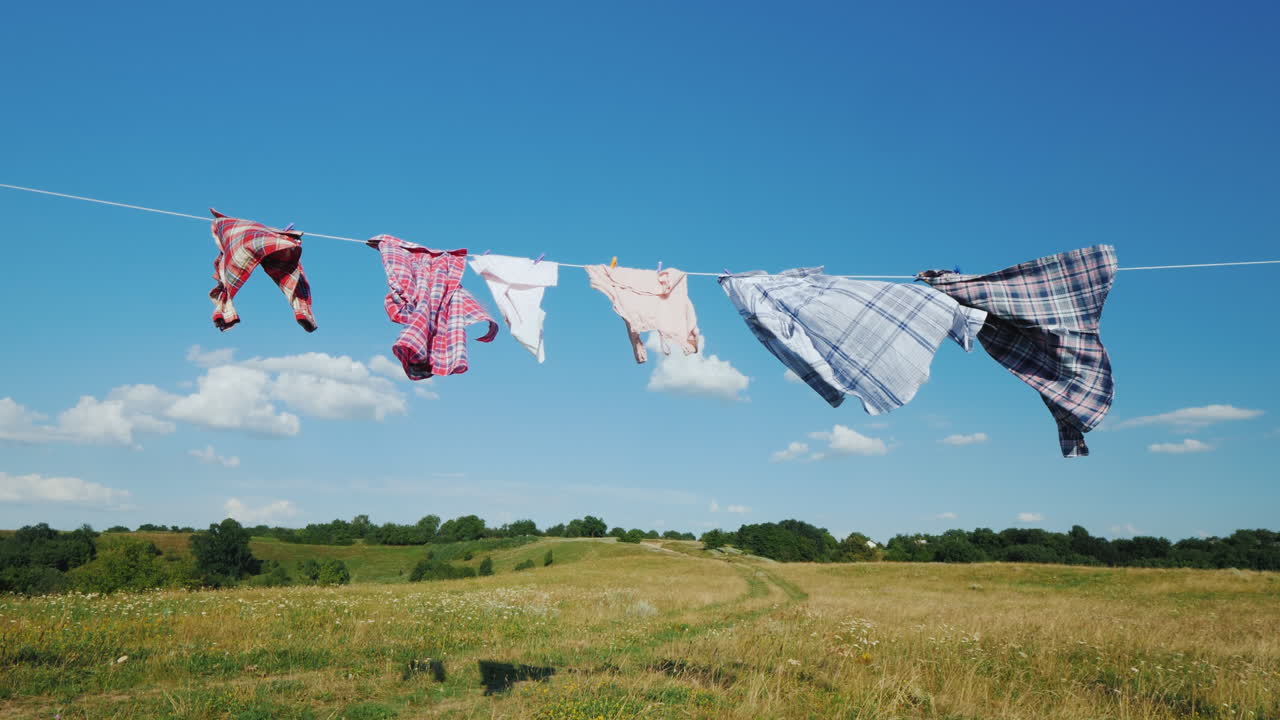 The Linen Dries On A Rope In A Clean Picturesque Place In The Background Is A Rural Landscape