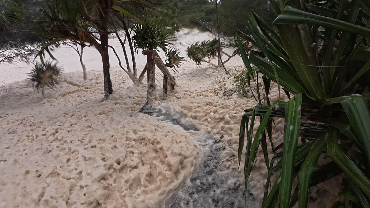Beach Foam Covering Shore Of Snapper Rocks During Cyclone Alfred With Strong Wind. Queensland, Australia. POV, handheld shot