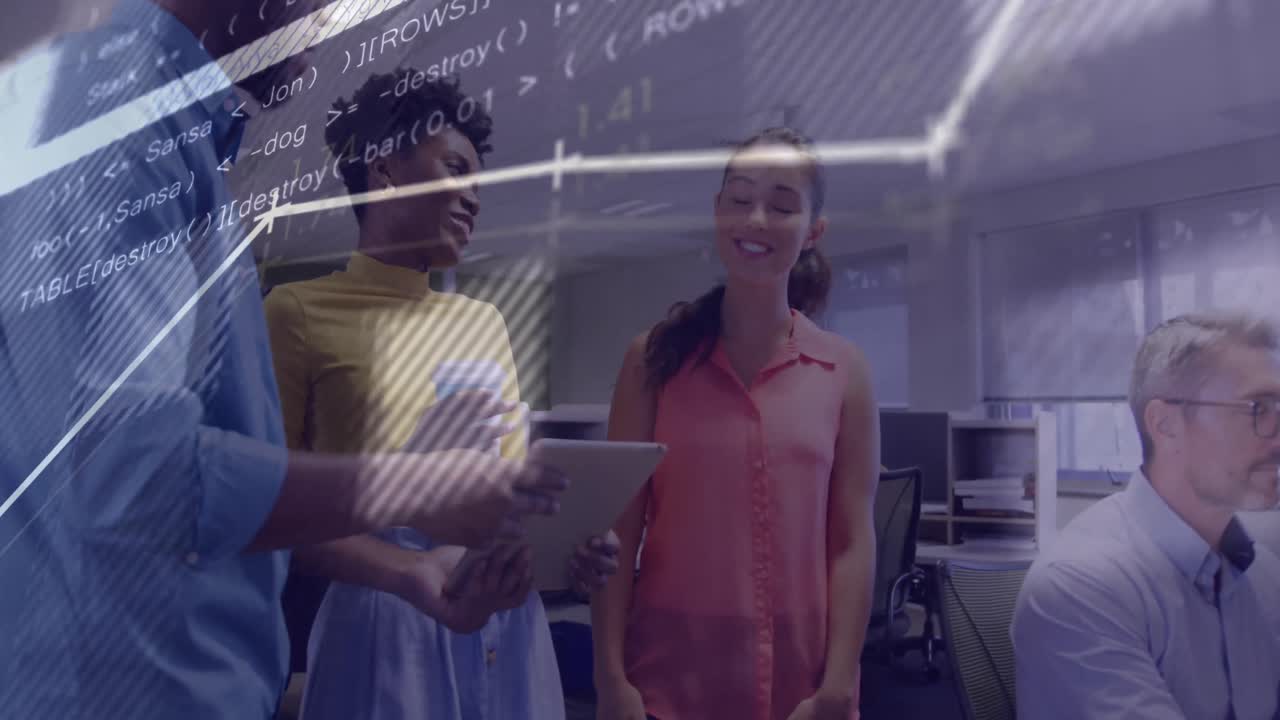 Animation of financial data processing over diverse business people working at office