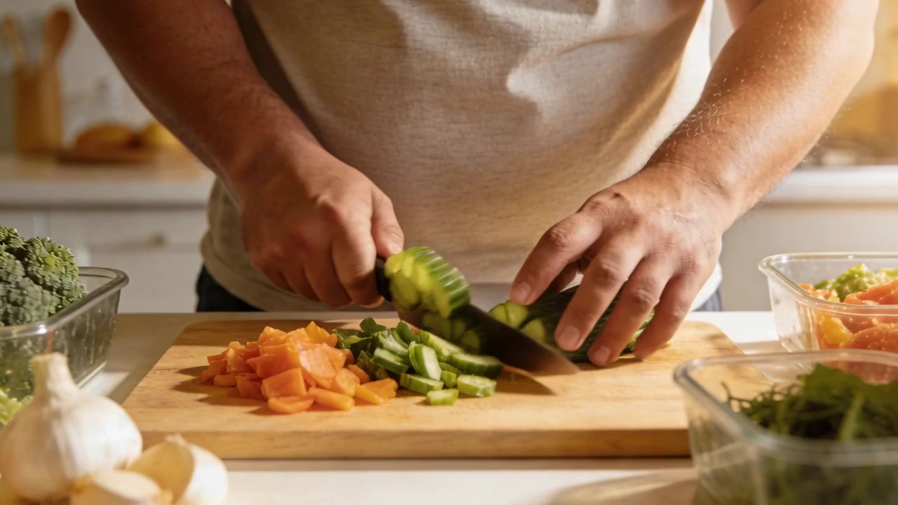 Cuoco casalingo con una maglietta chiara che taglia un cetriolo con un coltello per la preparazione dei pasti sul bancone della cucina.