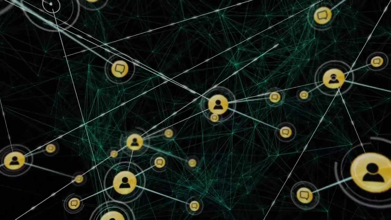 Nodo utente giallo che si attiva e si illumina, inviando linee ai messaggi, con uno zoom indietro che mostra la crescita.
