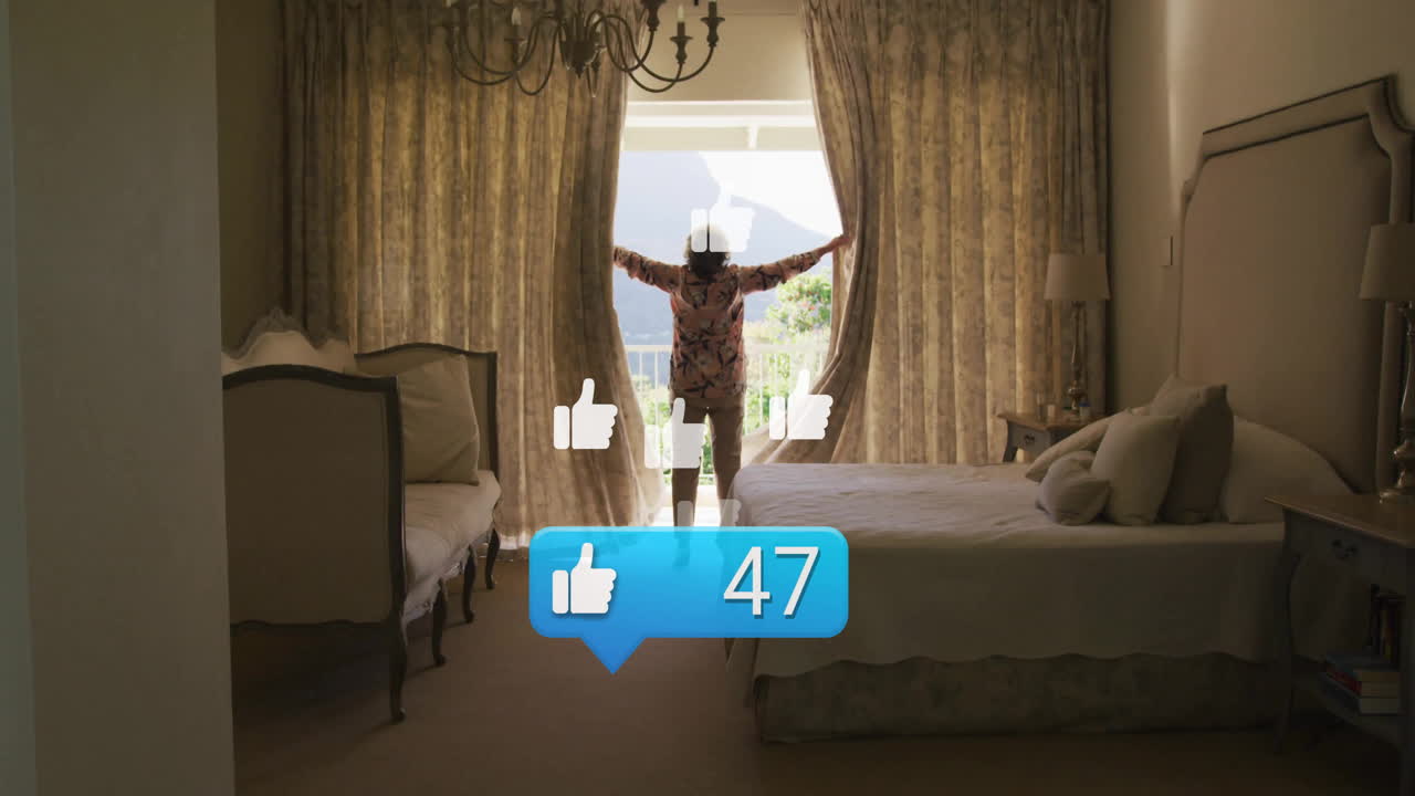 Person opening curtains in bedroom with social media likes animation overlay
