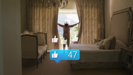 person opening curtains in bedroom with social media likes animation overlay