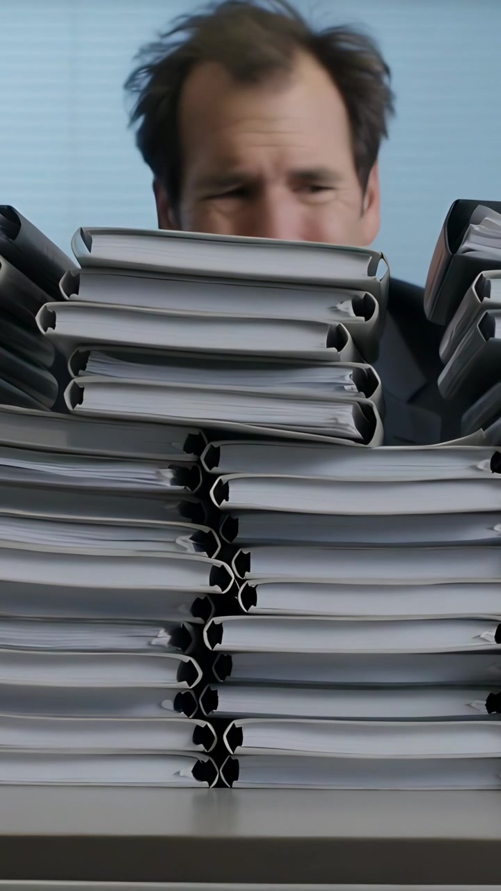 Vertical video: Peeking midlife man in blazer responding to towering binders, shifting gaze at desk