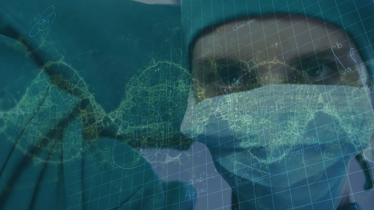 Animation of waves and math formulas over caucasian female surgeon in face mask