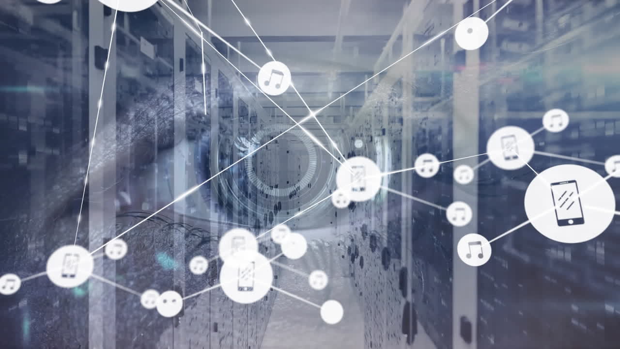 Animation of connected icons and circular tunnel in human eye, bars over and server room