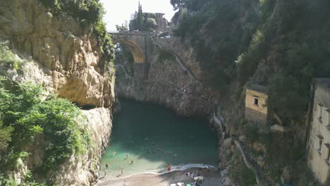 cinematic drone shot above fiordo di furore, amalfi coast