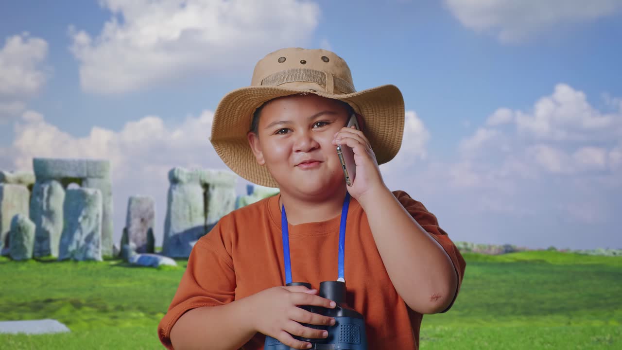 Asian Boy With A Hat And Binoculars Talking On Smartphone While Traveling In Stonehenge. Boy Researcher Examines Something, Travel Tourism Adventure Concept, Close Up