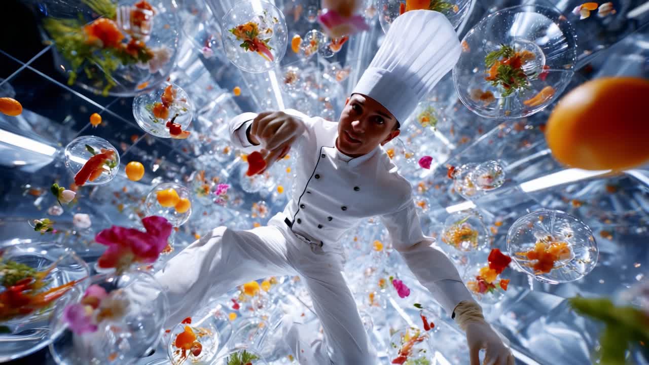 A dynamic and visually stunning experience as a chef reaches for exquisite ingredients in a mesmerizing environment filled with floating fruits and vibrant flowers, showcasing culinary artistry