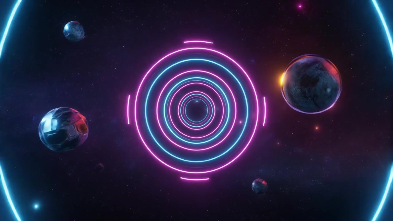Abstract Neon Rings Tunnel Through Deep Space with Floating Planets