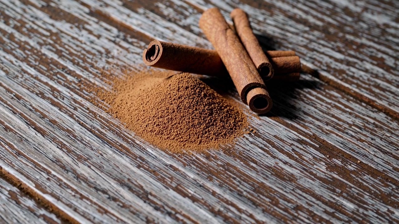 Canela em Pau e em Pó em Superfície de Madeira Rústica