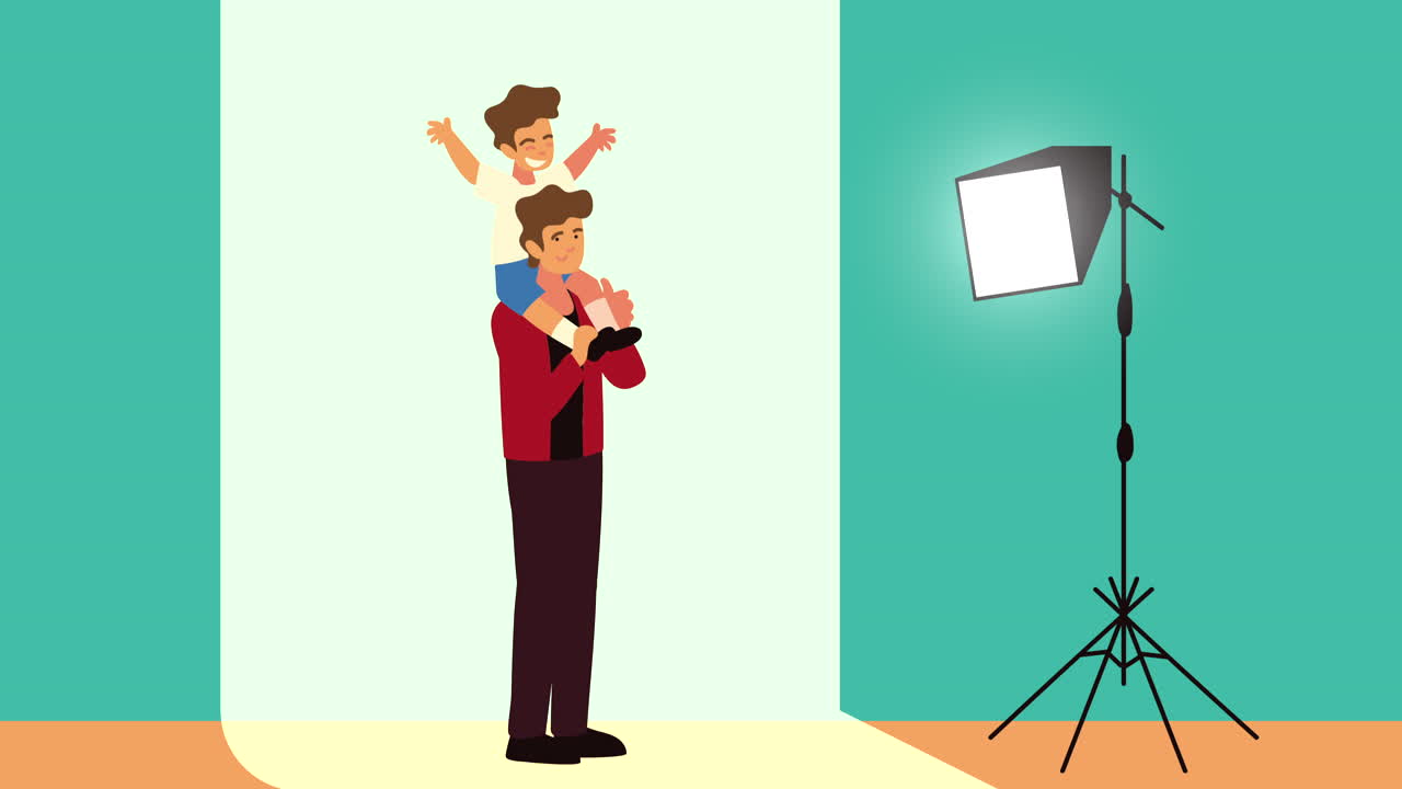 아버지와 아들은 램프와 함께 사진 스튜디오에 있습니다.