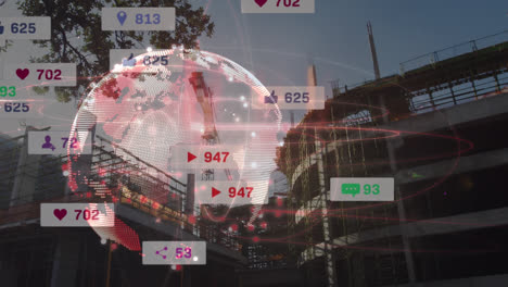 animation of network of connections with social media icons and globe over building