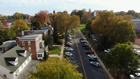 aerial view of a residential street in autumn