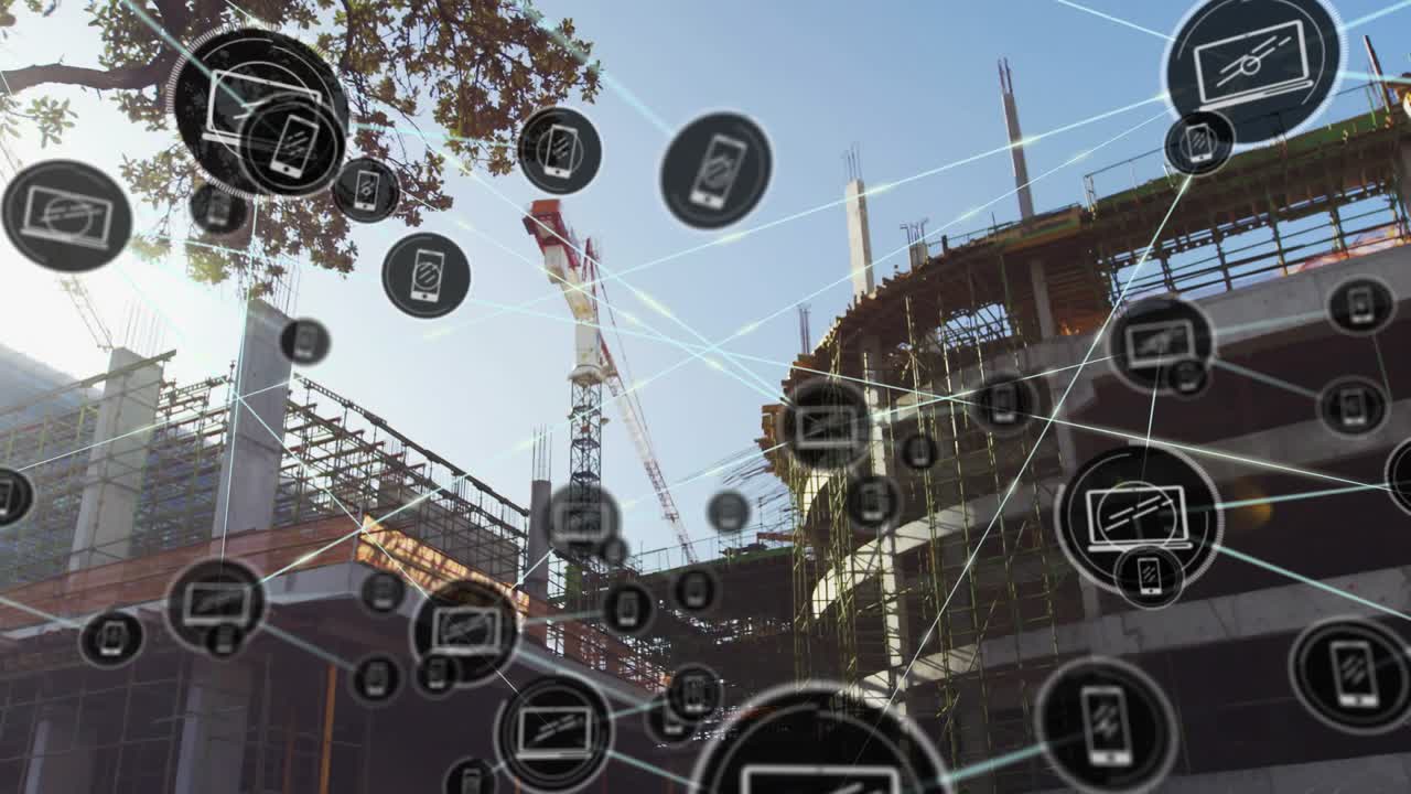 Fade-in central device icon initiating network growth showing connectivity over construction site