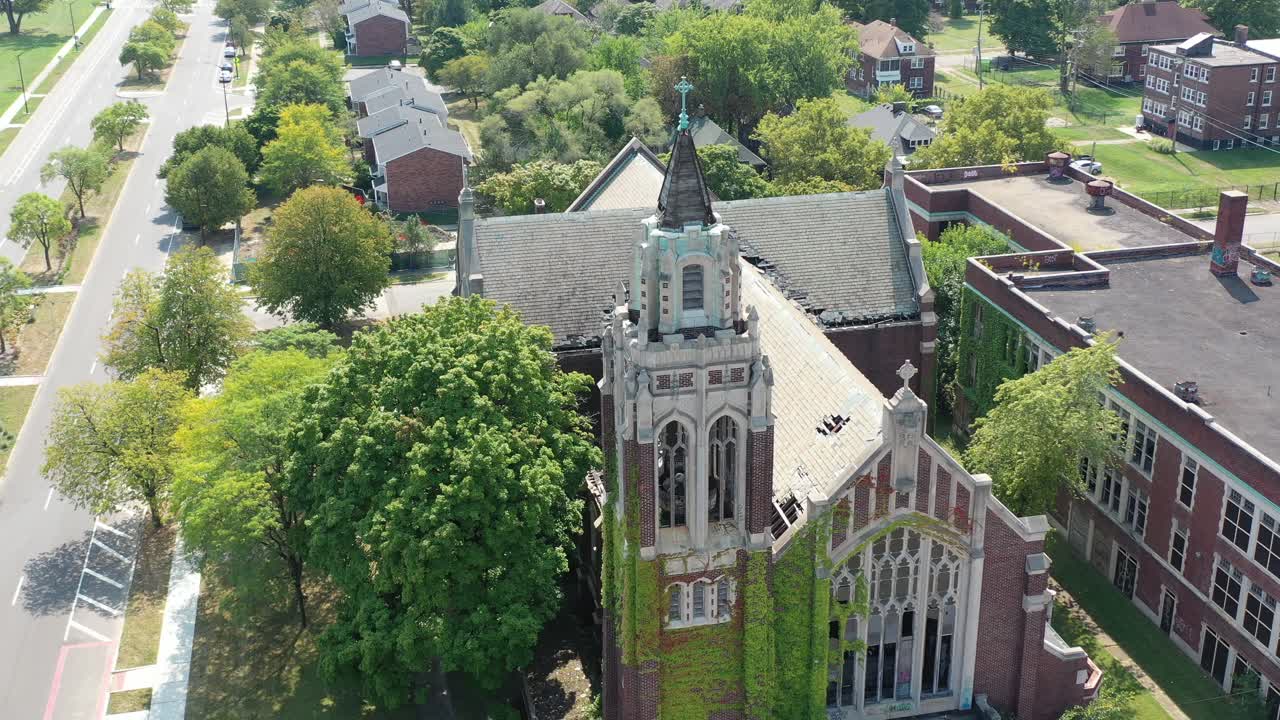 Aerial View of an Abandoned Church in Detroit Michigan