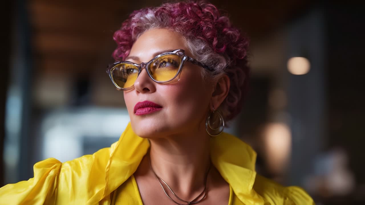 Retrato cativante de uma mulher estilosa com cabelo rosa encaracolado e moda amarela, transmitindo confiança e elegância contra um plano de fundo suavemente iluminado