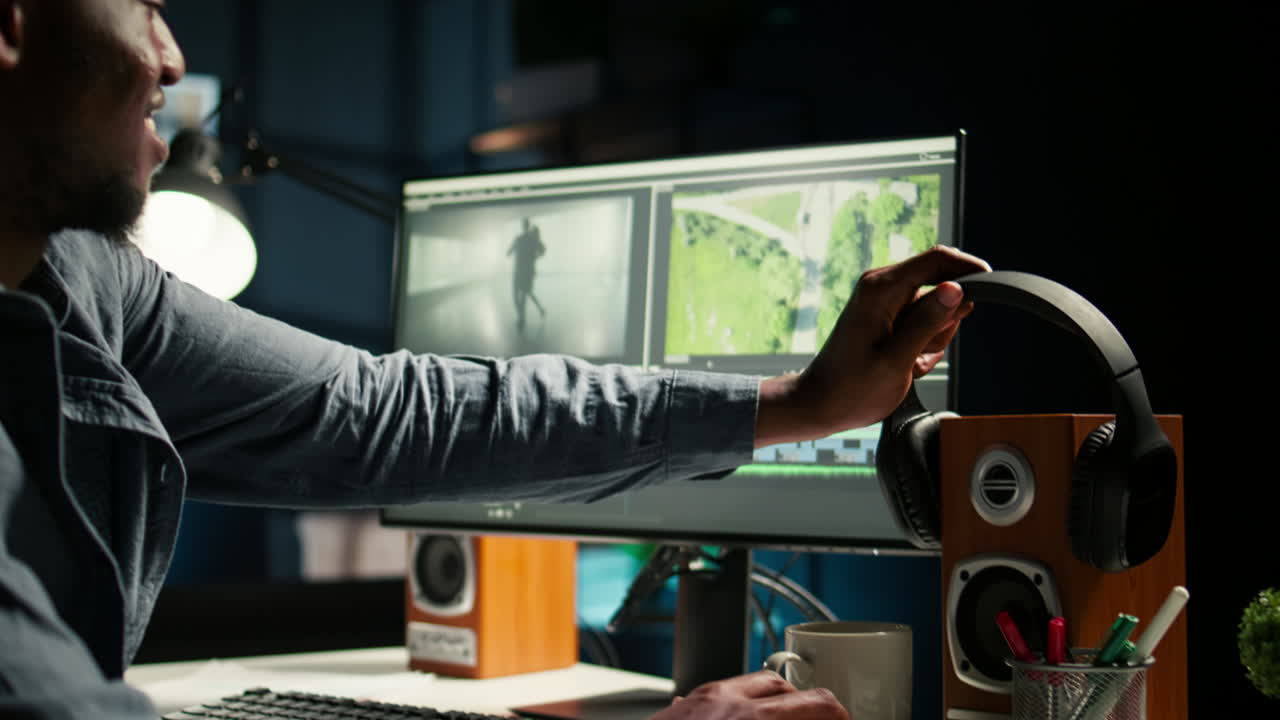 joven creador de video trabajando en la edición de un proyecto de montaje de película