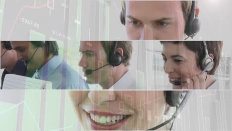 Animation-of-statistics-and-data-processing-over-business-people-using-phone-headset