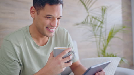 Technology,-tablet-and-man-drinking-tea-or-coffee