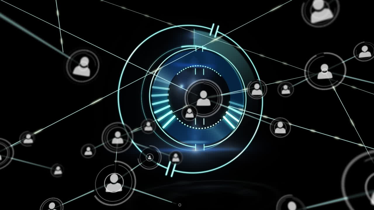 animación de la red de conexiones con iconos sobre el escaneo de alcance sobre fondo negro
