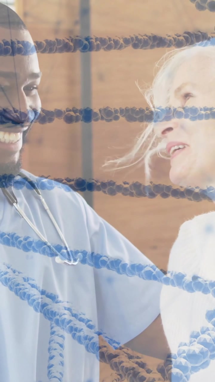 Animation af DNA-streng og netværk af forbindelser over mangfoldig mandlig læge og ældre patient