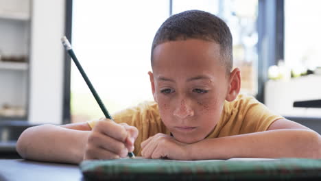 biracial boy with freckles is focused on writing with a pencil in a classroom at school