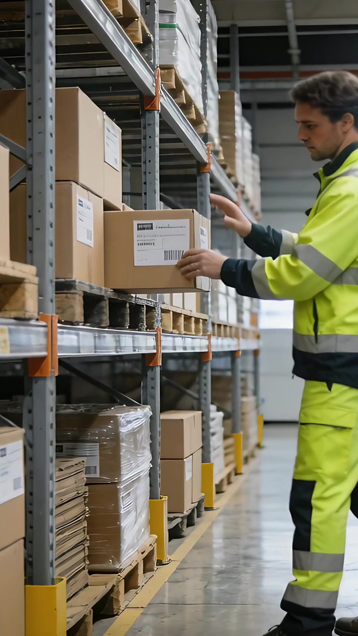 Video vertical: Preparador de pedidos con chaleco de alta visibilidad sacando una caja para un pedido e inspeccionando un código de barras, con espacio para texto.