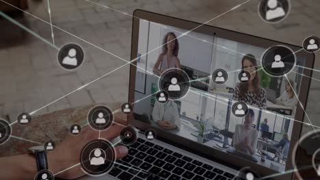 animation of network of connections over diverse business people having video call