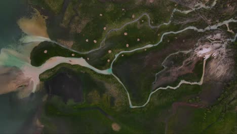 top pan shot of winding river near lake dobbiaco and forest in toblacher see, south tyrol, italy