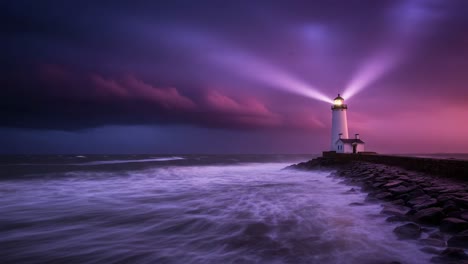 a majestic lighthouse illuminating the stormy night with vibrant sky colors and powerful beams cutting through the dark waves of the sea